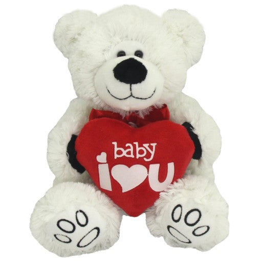Cuddly white plush bear with soft fur and red heart, perfect for gifting love on special occasions.