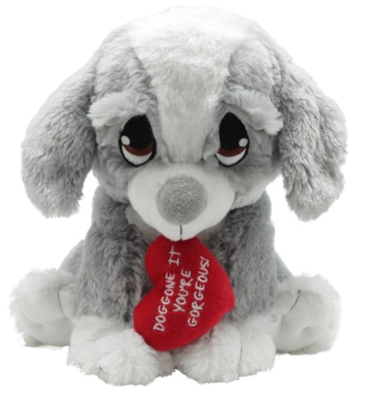 Cuddly grey plush dog with heart print, saying "Doggone It You're Gorgeous," perfect gift for dog lovers and kids.
