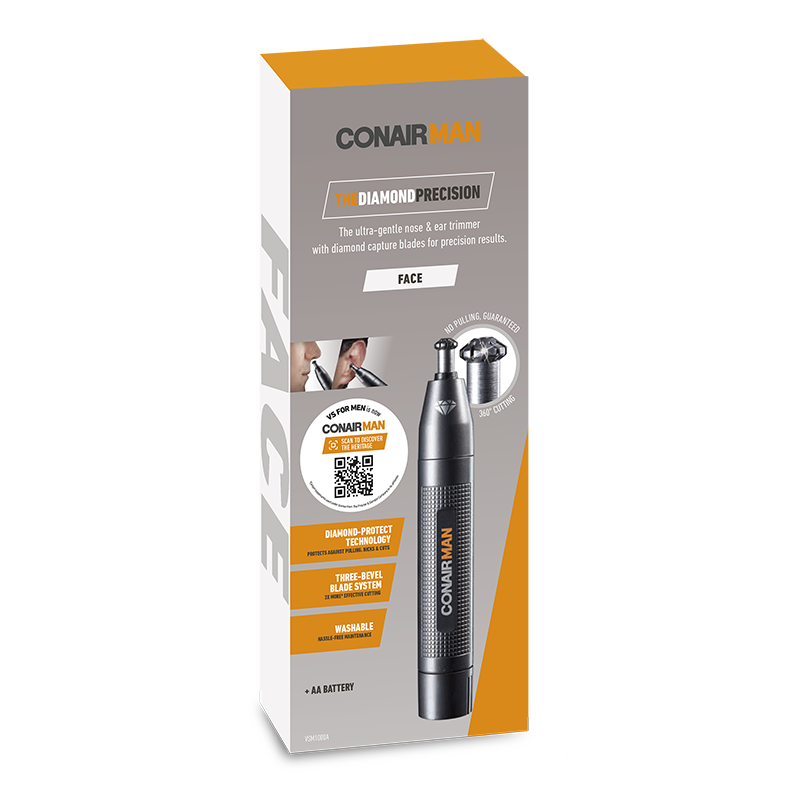Nose and ear trimmer with Diamond Protect Technology, washable design, and three-level blade system for precise grooming.