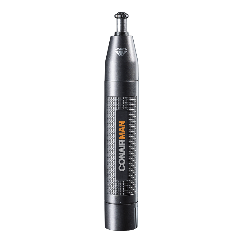 Nose & Ear Trimmer with Diamond Protect Technology for pain-free grooming, three-level blade system, and compact, washable design.