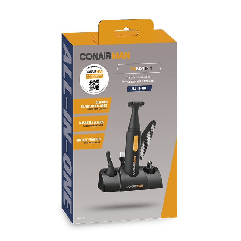 Cordless Beard Trimmer with interchangeable heads for precision grooming, featuring rubber grips and a sleek black design.