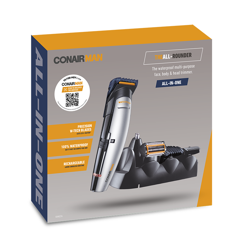 Waterproof multi-purpose trimmer for face, body, and hair with interchangeable heads and premium blades for efficient grooming.