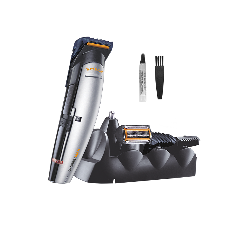 100% waterproof multi-purpose trimmer with interchangeable heads for face, body, and hair grooming.