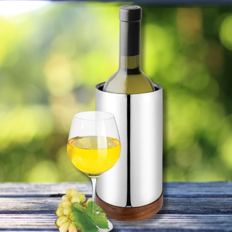 Double wall stainless steel wine cooler with wooden base, designed to keep wine at optimal temperature.