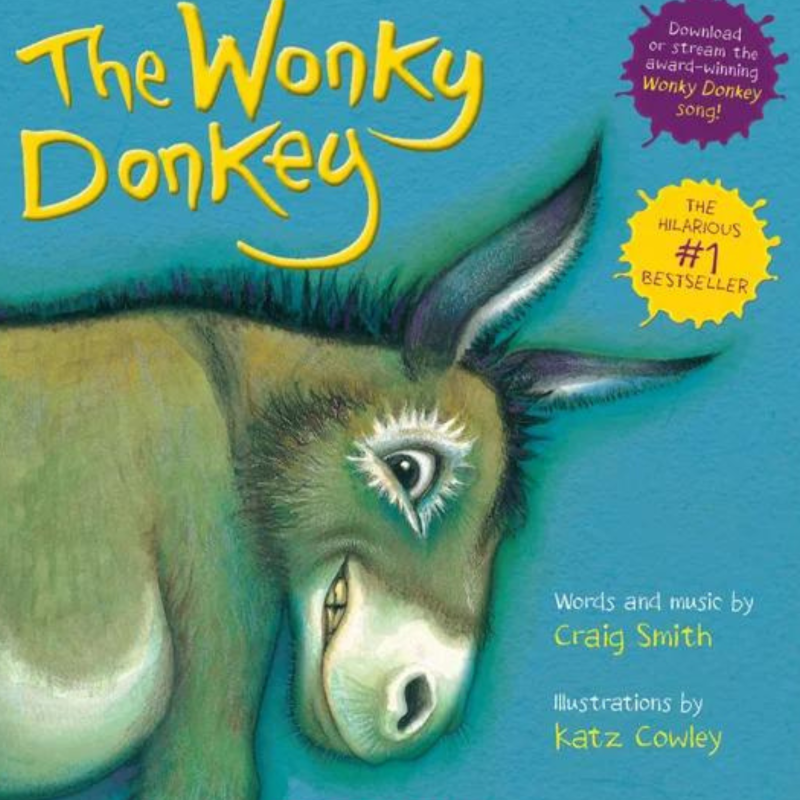 A fun children's book cover featuring a quirky donkey, colorful illustrations, and playful rhymes for family enjoyment.