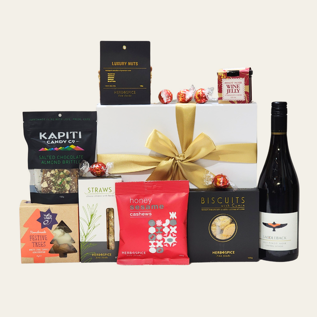 Luxurious Christmas Celebration Gift Box filled with gourmet treats, wines, savory snacks, and festive chocolates.