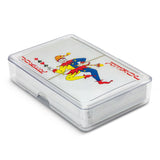 Playing cards in a clear acrylic case, perfect for travel and game nights, combining elegance with practicality.