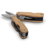 Wooden 9 Function Multi Tool with pliers, knife, can opener, saw, screwdrivers, and elegant Beech wood handles in a carry pouch.