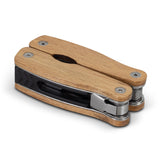 Elegant Wooden 9 Function Multi Tool with pliers, knife, can opener, and more, featuring Beech wood handles and a carry pouch.