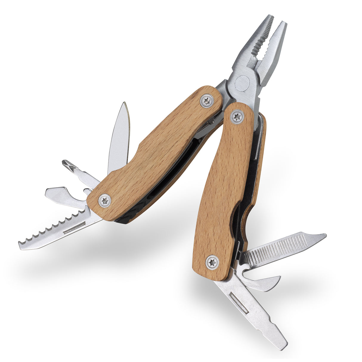 Wooden 9 Function Multi Tool with Beech wood handles, including pliers, knife, can opener, screwdriver, and more.