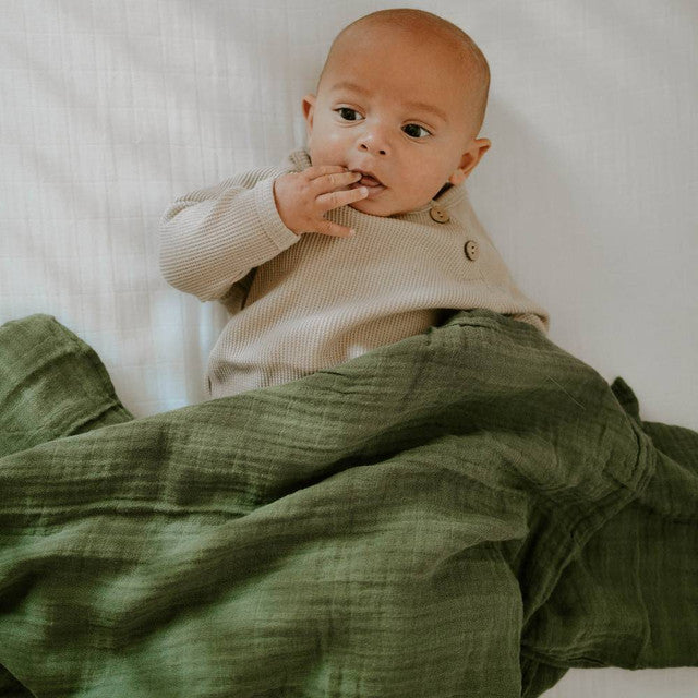 Soft cotton muslin swaddle in fern print, 120cm x 120cm, ideal for swaddling, nursing, and promoting cozy sleep.