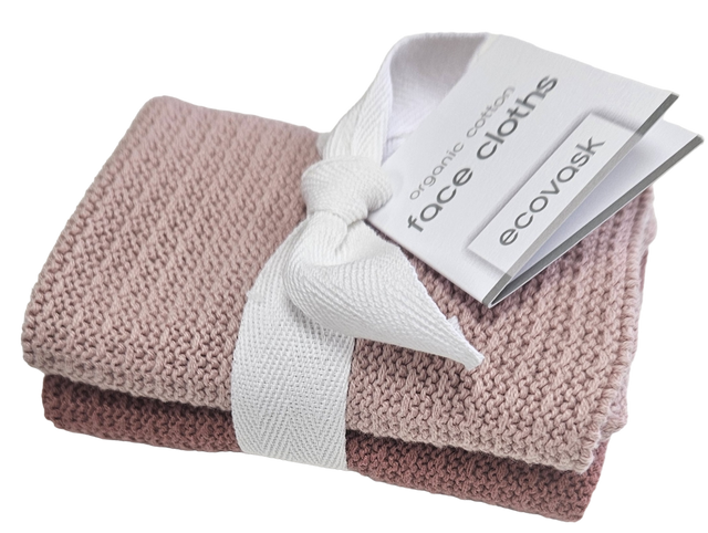 Ecovask Facecloths 2pk in Blush/Demi, made of soft organic cotton, ideal for daily use and eco-friendly skincare.