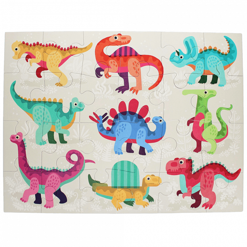 Vibrant Dinosaur Floor Puzzle with 24 large pieces, showcasing colorful dinosaurs for toddlers' fine motor skill development.