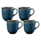 Set of 4 durable stoneware mugs with unique reactive glaze; 400ml capacity, perfect for hot beverages and dishwasher safe.