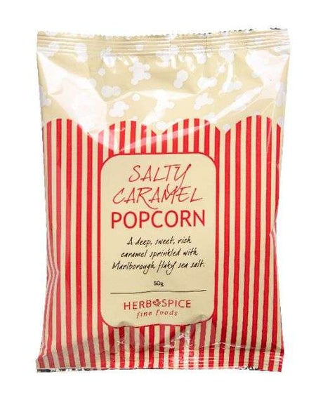 Gourmet salty caramel popcorn with rich caramel and flaky sea salt, perfect for snacking or gifting.