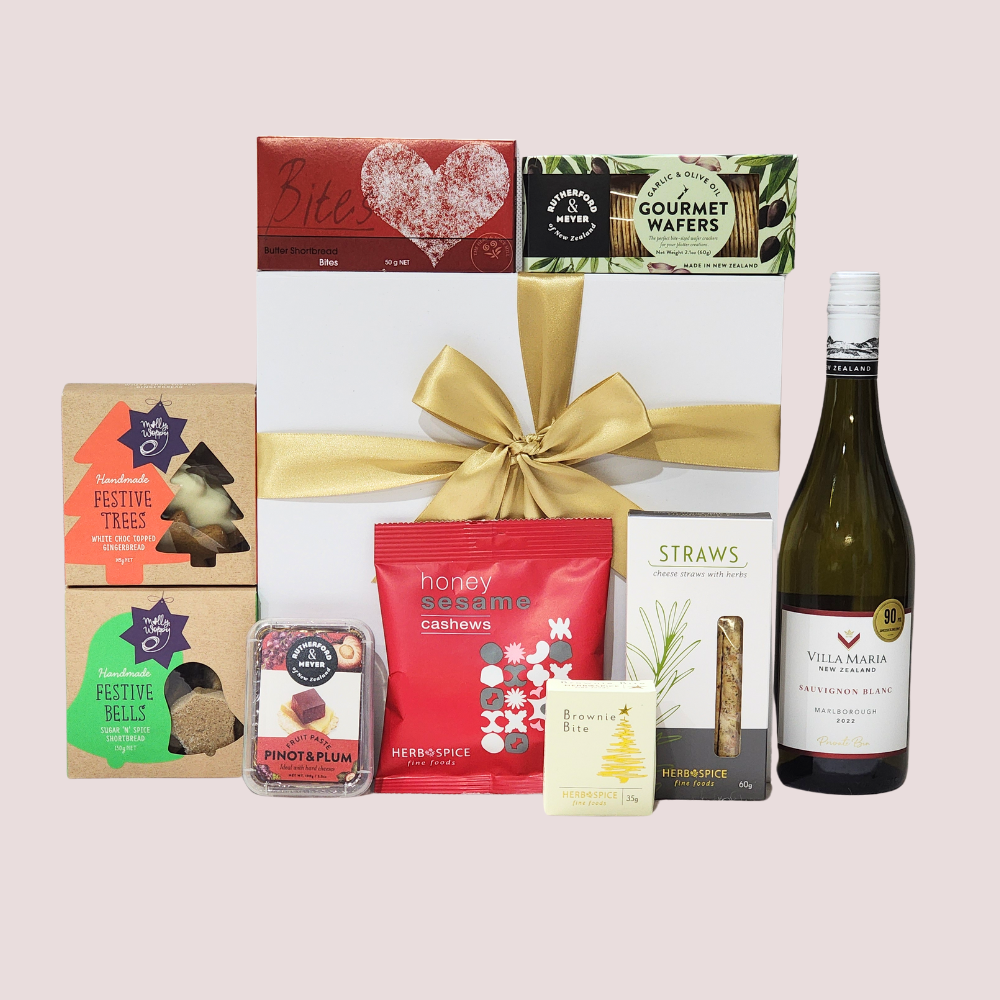 Aotearoa Christmas Gift Box featuring gourmet treats, including cheese straws, brownies, cookies, and premium Sauvignon Blanc.