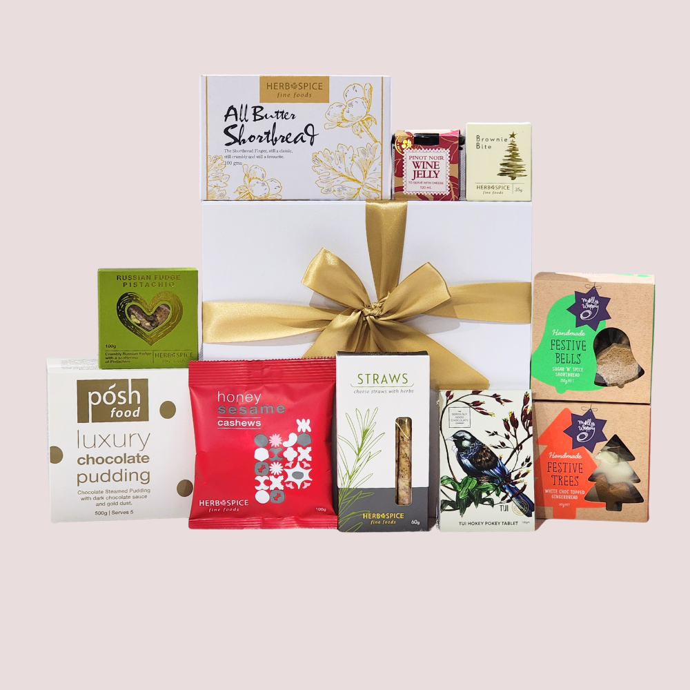 Happy Holidays Gift Box featuring gourmet treats like chocolates, cookies, and wine jelly, perfect for festive celebrations.