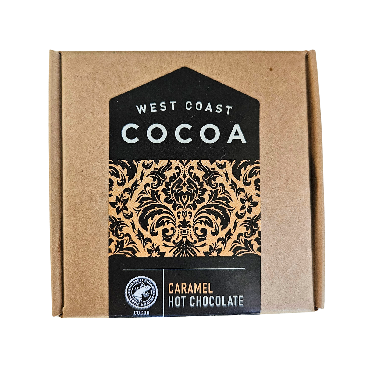 Rich West Coast Cocoa Caramel Hot Chocolate mix with low sugar, crafted from premium Dutched cocoa for a velvety cup.