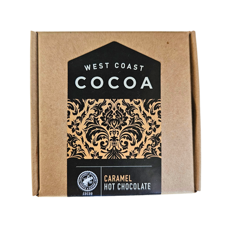 Rich West Coast Cocoa Caramel Hot Chocolate mix with low sugar, crafted from premium Dutched cocoa for a velvety cup.