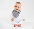 Chic reversible baby bib in grey arrows, featuring waterproof layers and adjustable snaps for ages 4 months to 3 years.