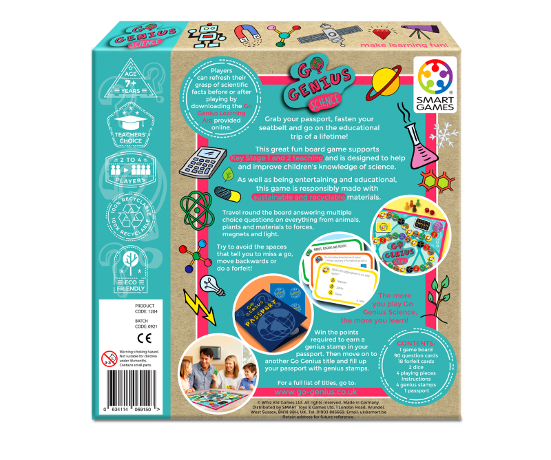 Eco-friendly "Go Genius Science" board game for kids, enhancing science knowledge while playing with 2-4 players.