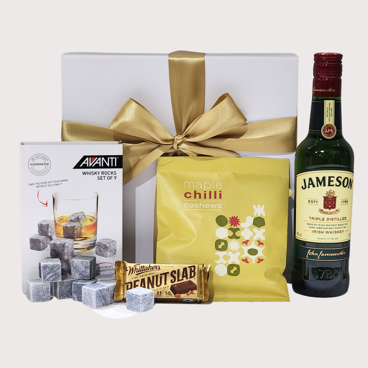 Classic Jameson Whiskey Delight gift box featuring Irish whiskey, whisky rocks, honey roasted peanuts, and chocolate bar.