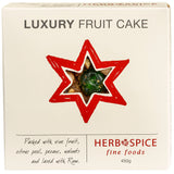 Luxury Fruit Cake Round with vine fruits, citrus peel, pecans, walnuts, and rum infusion, perfect for indulgent occasions.