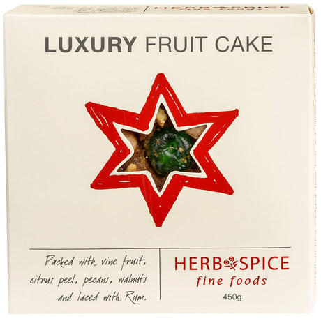 Luxury Fruit Cake Round with vine fruits, citrus peel, pecans, walnuts, and rum infusion, perfect for indulgent occasions.