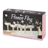 Prosecco Pong kit featuring 12 glasses and 3 pink ping pong balls for elegant party fun and bubbly excitement.