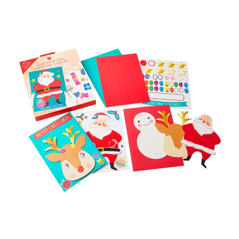 Kids creating festive Christmas cards with stickers, pom poms, and cut-outs in a colorful card making kit.