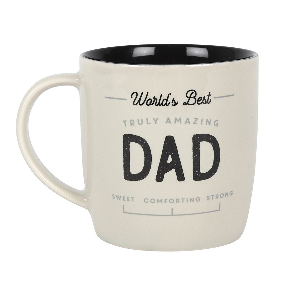 Ceramic mug for dads featuring "World's Best Amazing Dad" text, elegant black interior, gift-ready box included.