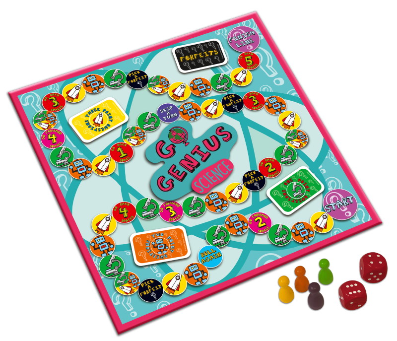Eco-friendly board game "Go Genius Science" for kids, enhancing science knowledge through fun and engaging gameplay.