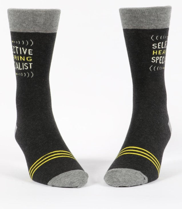 Men's socks featuring a humorous "Selective Hearing Specialist" design, made from soft, durable cotton for comfort.