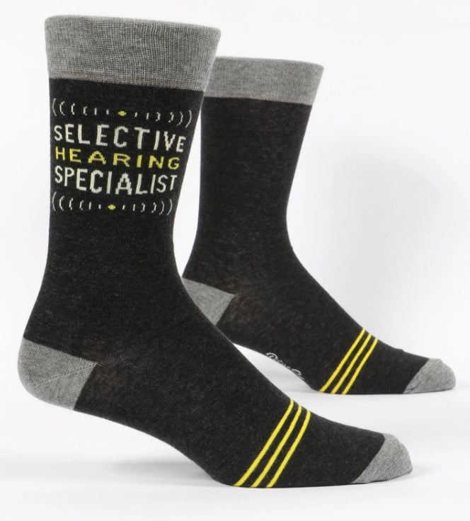 Humorous men's socks featuring "Selective Hearing Specialist" text, made from soft, durable cotton blend for comfort and fit.