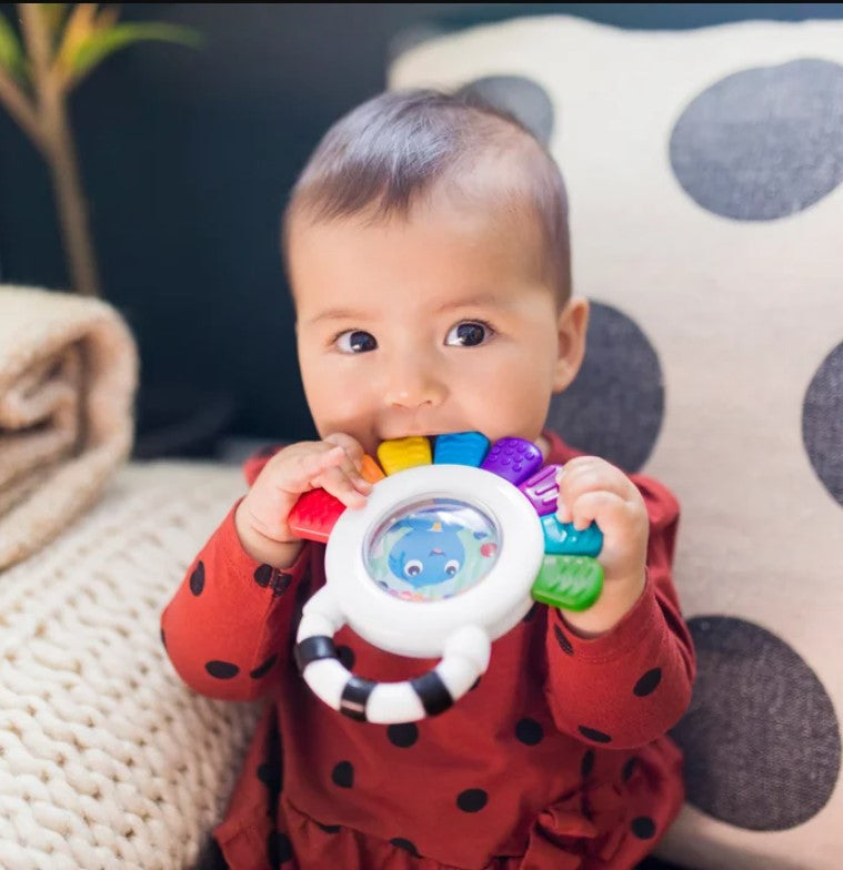 Vibrant Baby Einstein teether featuring Opus the Octopus, with rattle beads and multiple textures for sensory exploration.