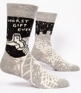 Men's socks with a humorous "Worst Gift Ever" design, made for comfort in sizes 7-12, blend of nylon, cotton, and spandex.