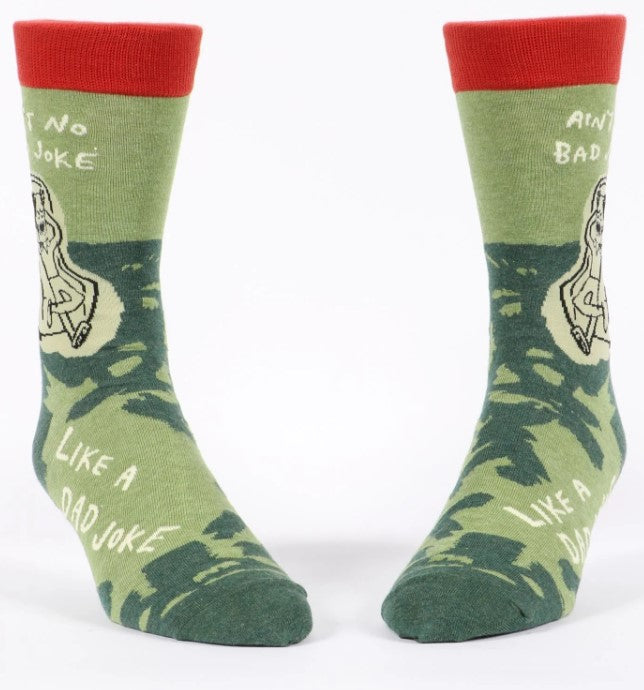 Quirky men's socks featuring dad jokes, crafted from soft cotton and durable nylon, perfect for a fun and comfortable gift.