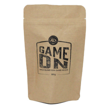 Al's Game On Spice Mix, a premium seasoning blend for enhancing the flavor of game meats like venison and wild boar.