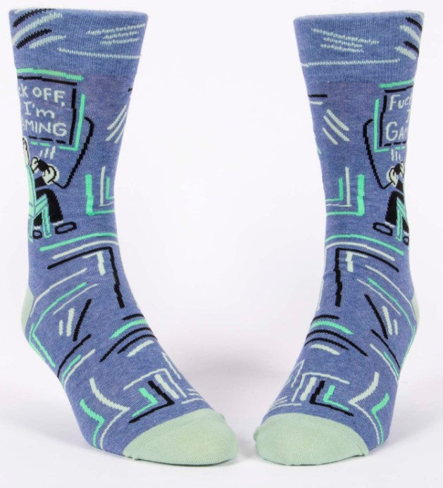 Men's gaming socks with a humorous "FuckOff" message, designed for comfort during long gaming sessions.