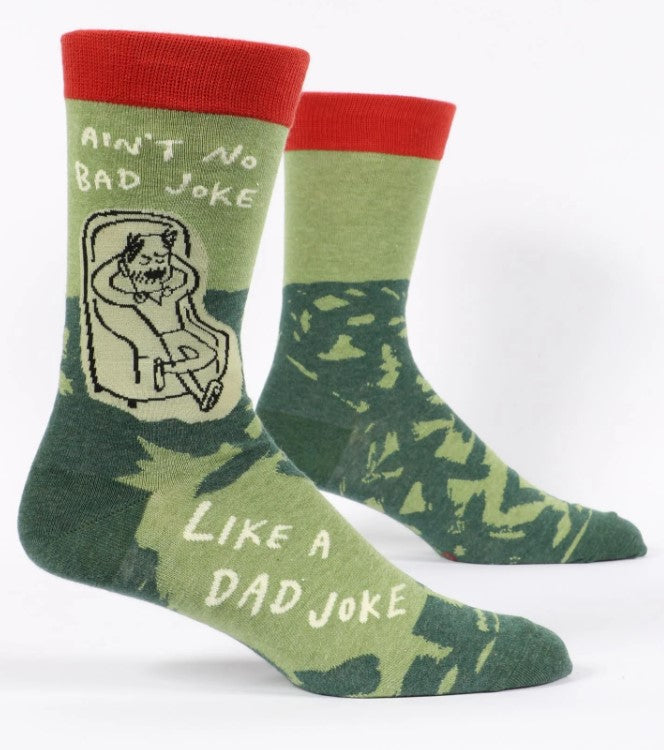 Quirky Men's socks celebrating dad jokes, crafted from soft cotton for comfort and durability, perfect gift for joke lovers.