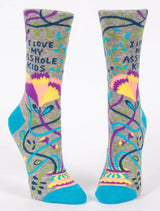 Playful women's socks celebrating motherhood with a humorous "Love My Asshole Kids" design; comfy and durable for sizes 5-10.