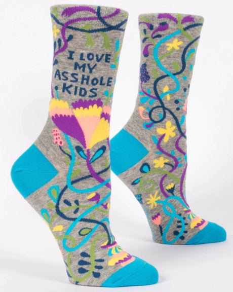 Colorful Women's socks featuring the phrase "Love My Asshole Kids," designed for comfort and durability in sizes 5-10.