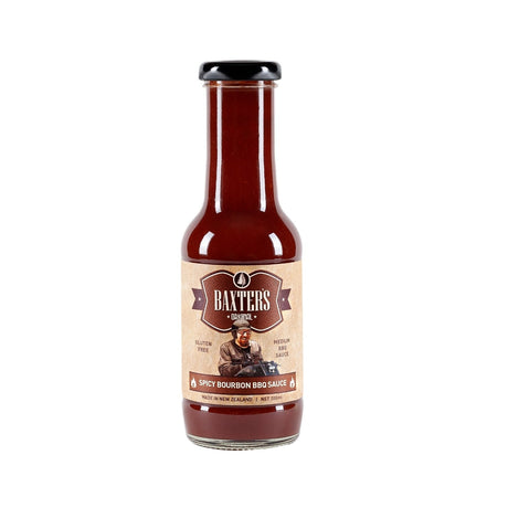 Baxter's Spicy Bourbon BBQ Sauce 300ml, featuring bourbon, birdseye chillies, and smoky flavor, ideal for enhancing meals.