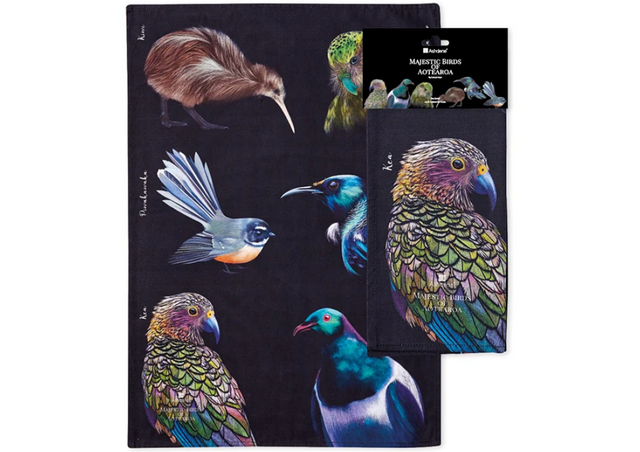 NZ Birds Tea Towel featuring vibrant illustrations of native New Zealand birds, made from high-quality, eco-friendly cotton.