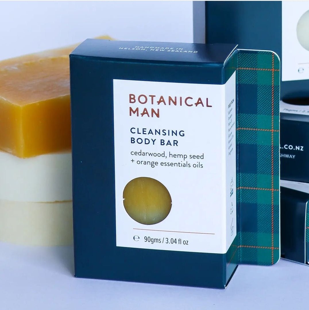 Cleansing body bar infused with cedarwood, hemp, and orange for nourishing, invigorating skincare.