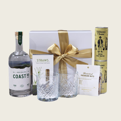 Vodka & Tonic gift box featuring Coast Road Vodka, tonic, glass, nut mix, beautifully packaged for any occasion.