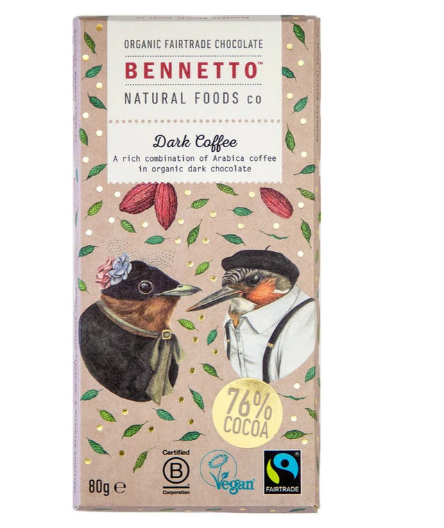 Vegan and gluten-free Bennetto Coffee Madagascar Chocolate bar highlighting organic dark chocolate and Arabica coffee flavors.