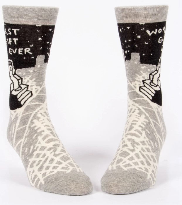 Men's socks with a humorous "Worst Gift Ever" design, combining comfort, style, and durability for everyday wear.