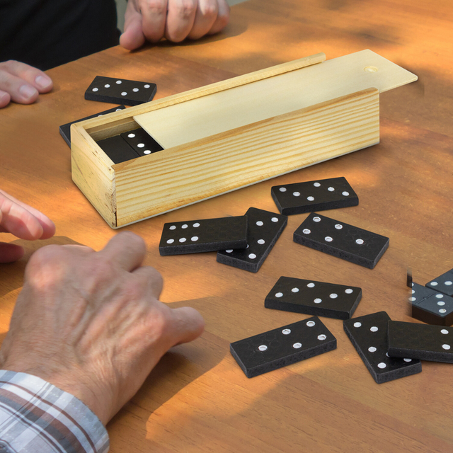 Classic Dominoes Game set in an elegant wooden box, perfect for family fun and strategic gameplay.