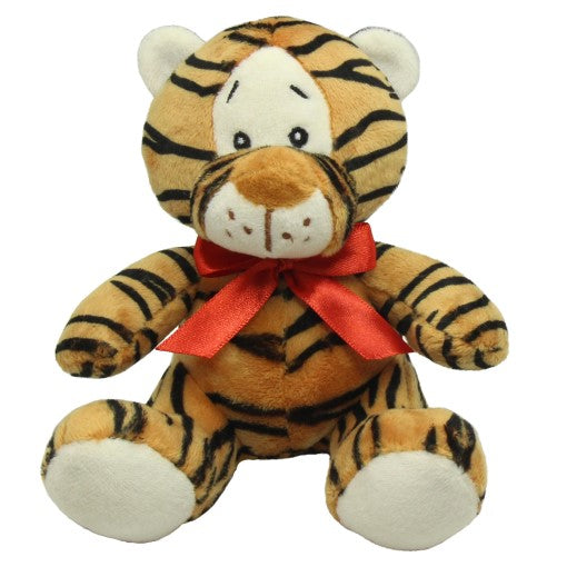 Adorable 20cm tiger soft toy with a red ribbon, perfect gift for all ages and special occasions.